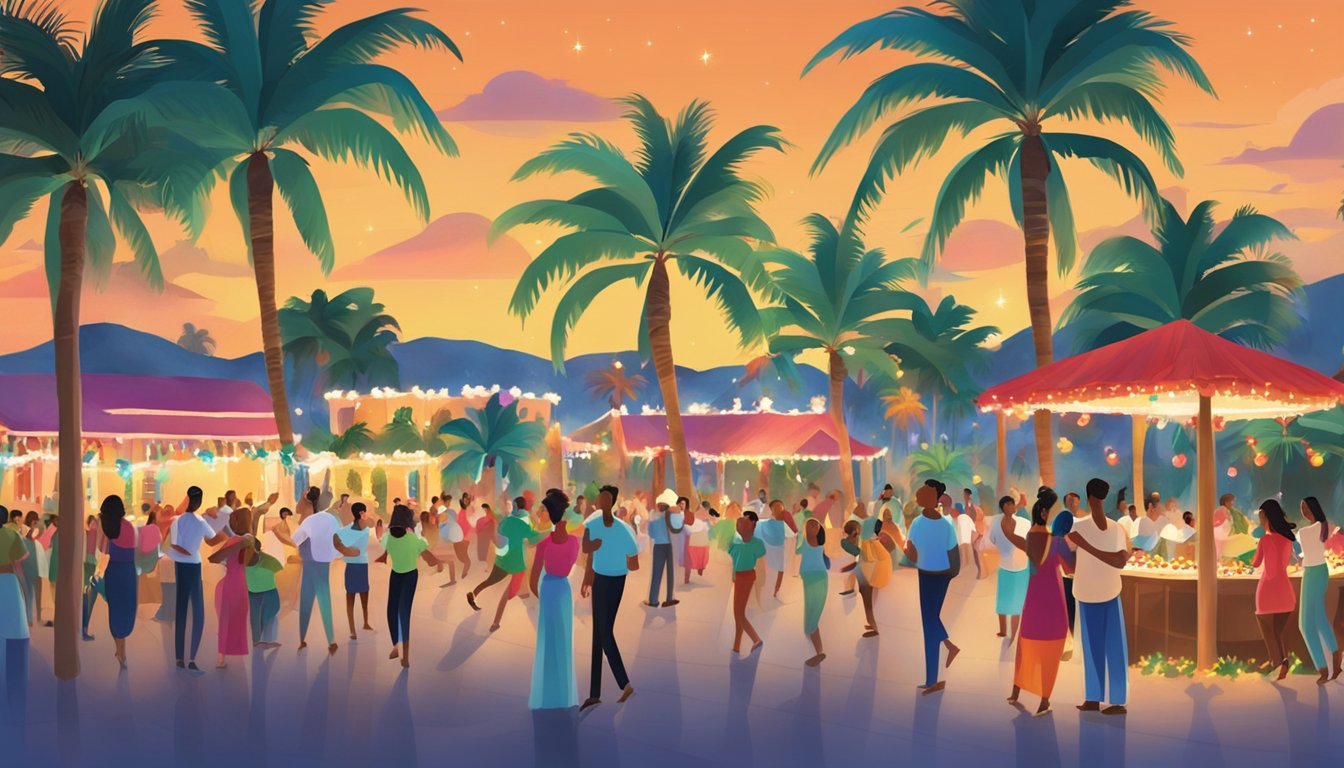 A festive scene with palm trees, colorful lights, and traditional Dominican Christmas decorations. The sound of merengue music fills the air as families gather to celebrate