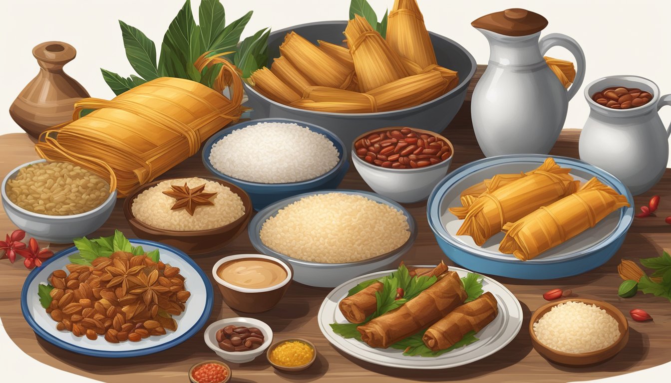 A table adorned with traditional Christmas foods and drinks from the Dominican Republic: roast pork, rice and beans, tamales, and coquito