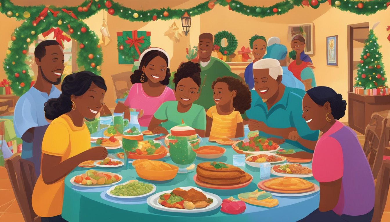 Families gather around a festive table filled with traditional Dominican Christmas dishes. Brightly colored decorations adorn the room, and lively music fills the air. A warm, joyful atmosphere captures the essence of Christmas in the Dominican Republic