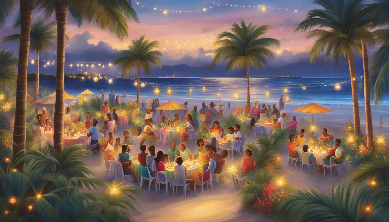 Colorful lights adorn palm trees, while families gather on the beach, enjoying traditional music and dance. A mix of Caribbean and Christmas decorations fill the air with joy