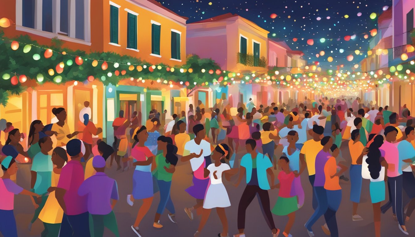 Colorful Christmas lights illuminate a lively street festival in the Dominican Republic, where musicians play traditional holiday tunes and dancers entertain the crowd