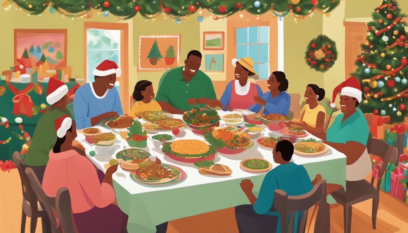 Families gather around a table filled with traditional Dominican Christmas dishes. Music, laughter, and colorful decorations create a festive atmosphere