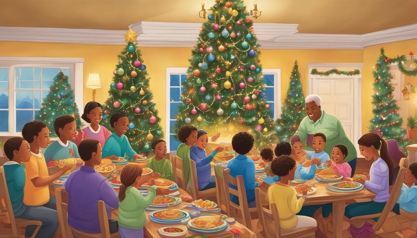 Families gather around a festive table with traditional Dominican Christmas dishes. Brightly colored decorations adorn the room, and lively music fills the air. A large Christmas tree stands in the corner, adorned with ornaments and lights