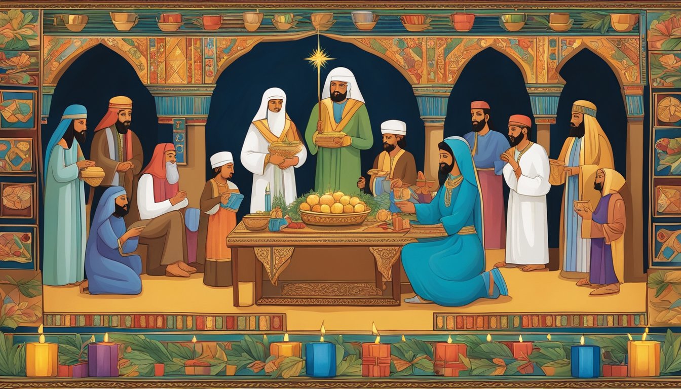 Colorful Coptic Christmas decorations adorn a traditional Egyptian home, with flickering candles and fragrant incense filling the air. An ornate Nativity scene takes center stage, surrounded by joyful family members sharing festive meals and exchanging gifts