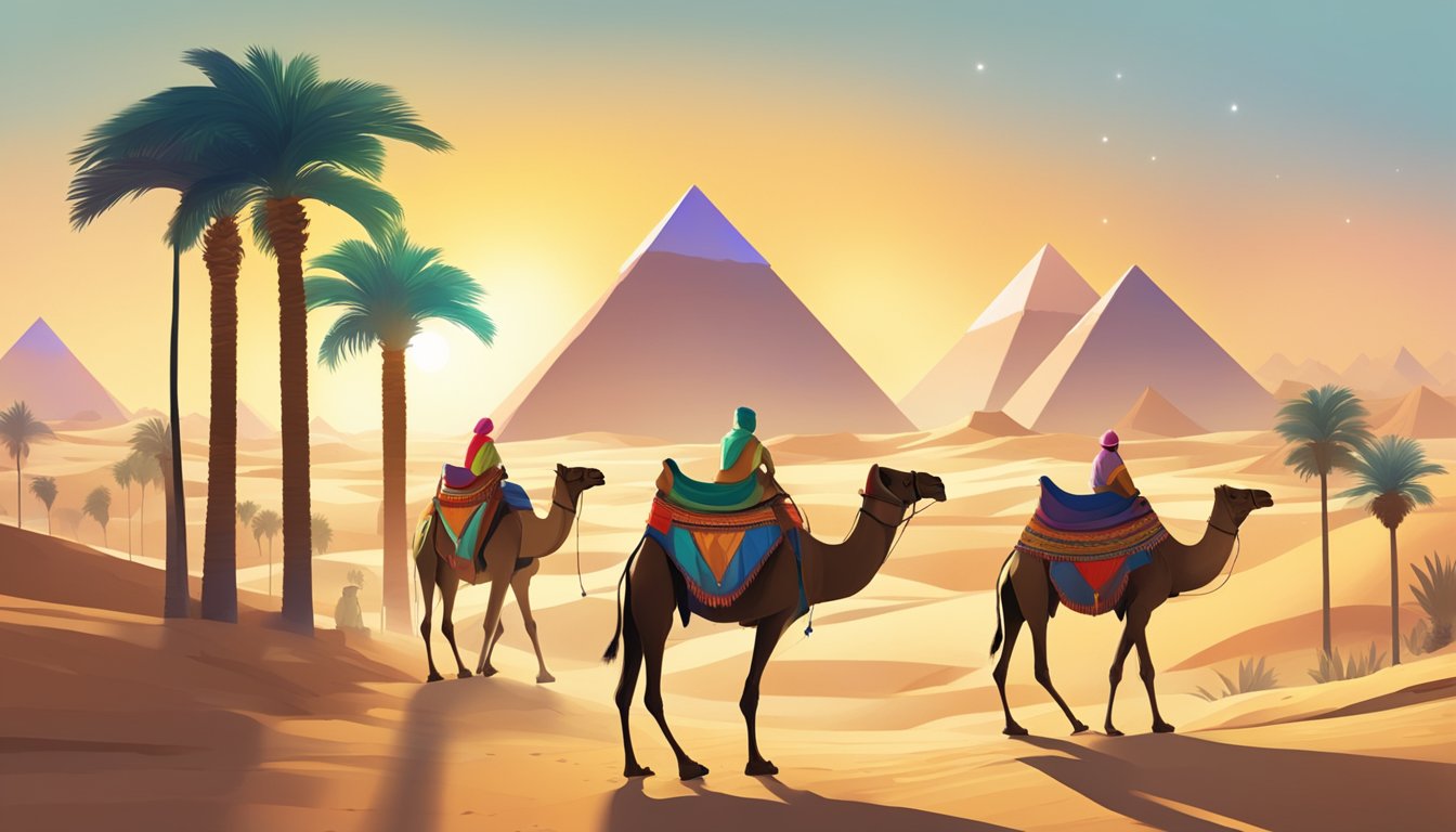 A camel caravan travels through a desert landscape with the iconic pyramids of Giza in the background, while locals decorate palm trees with festive lights