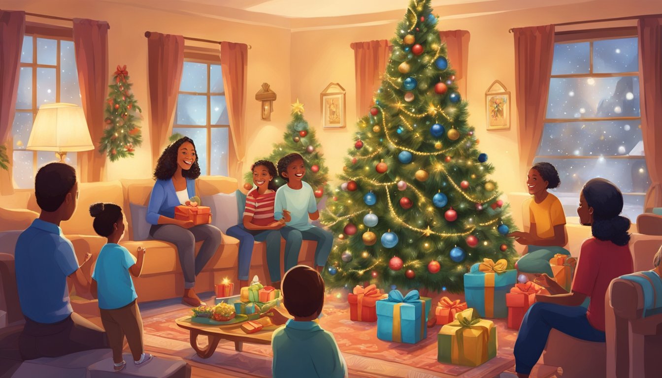 Families gather around a beautifully decorated Christmas tree, exchanging gifts and enjoying traditional Egyptian holiday treats. The room is filled with laughter and joy as loved ones come together to celebrate the festive season