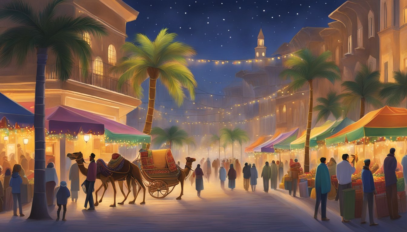 Colorful lights adorn palm trees, casting a warm glow over bustling markets. A camel-drawn sleigh carries gifts through the sandy streets as families gather for festive feasts
