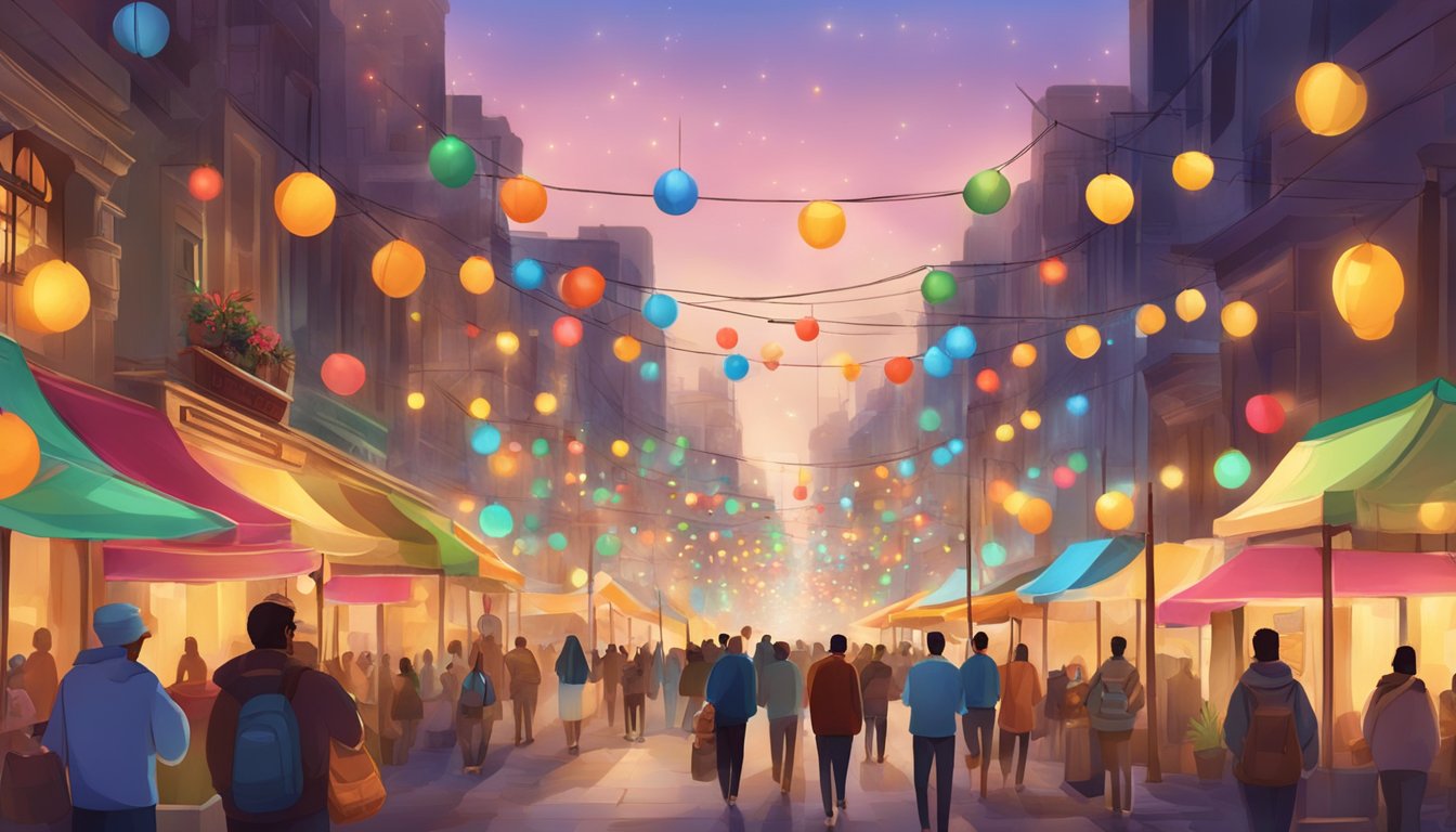 Busy city streets adorned with colorful lights and decorations. People shopping, enjoying festive music, and savoring traditional Egyptian holiday treats