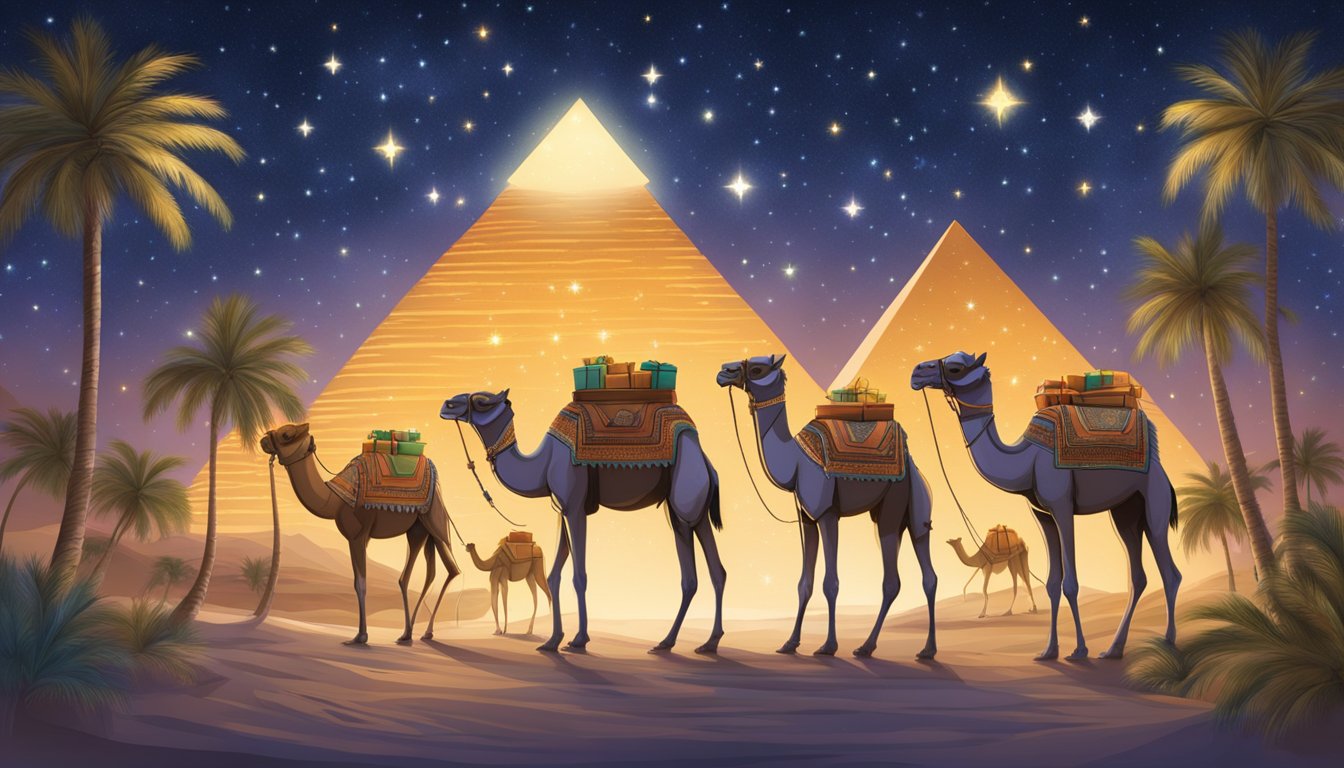 Palm trees adorned with twinkling lights, camels carrying gifts, and a pyramid backdrop under a starry night sky