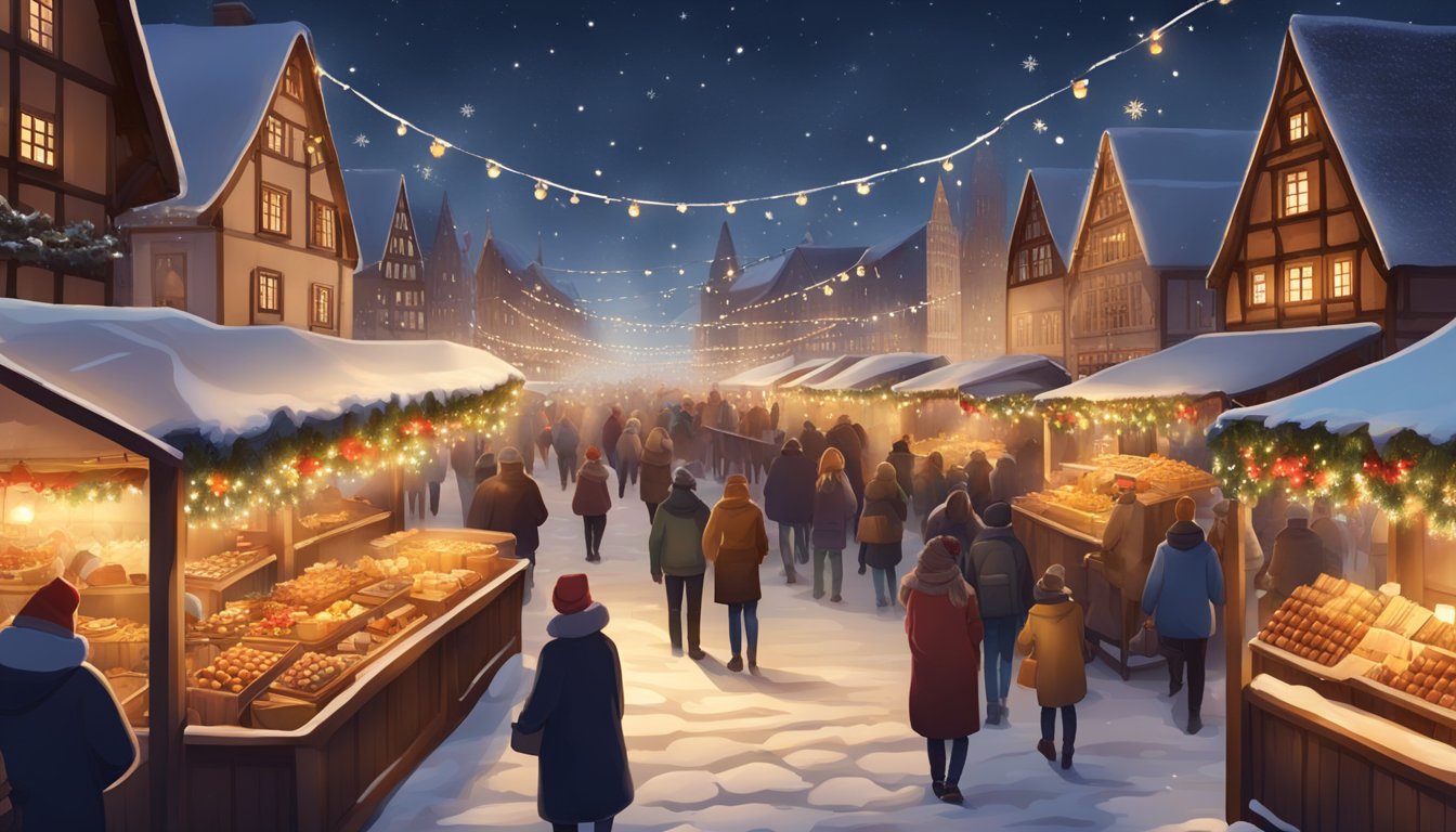 A cozy German Christmas market with twinkling lights, wooden stalls selling traditional crafts, and the scent of mulled wine and roasted chestnuts filling the air