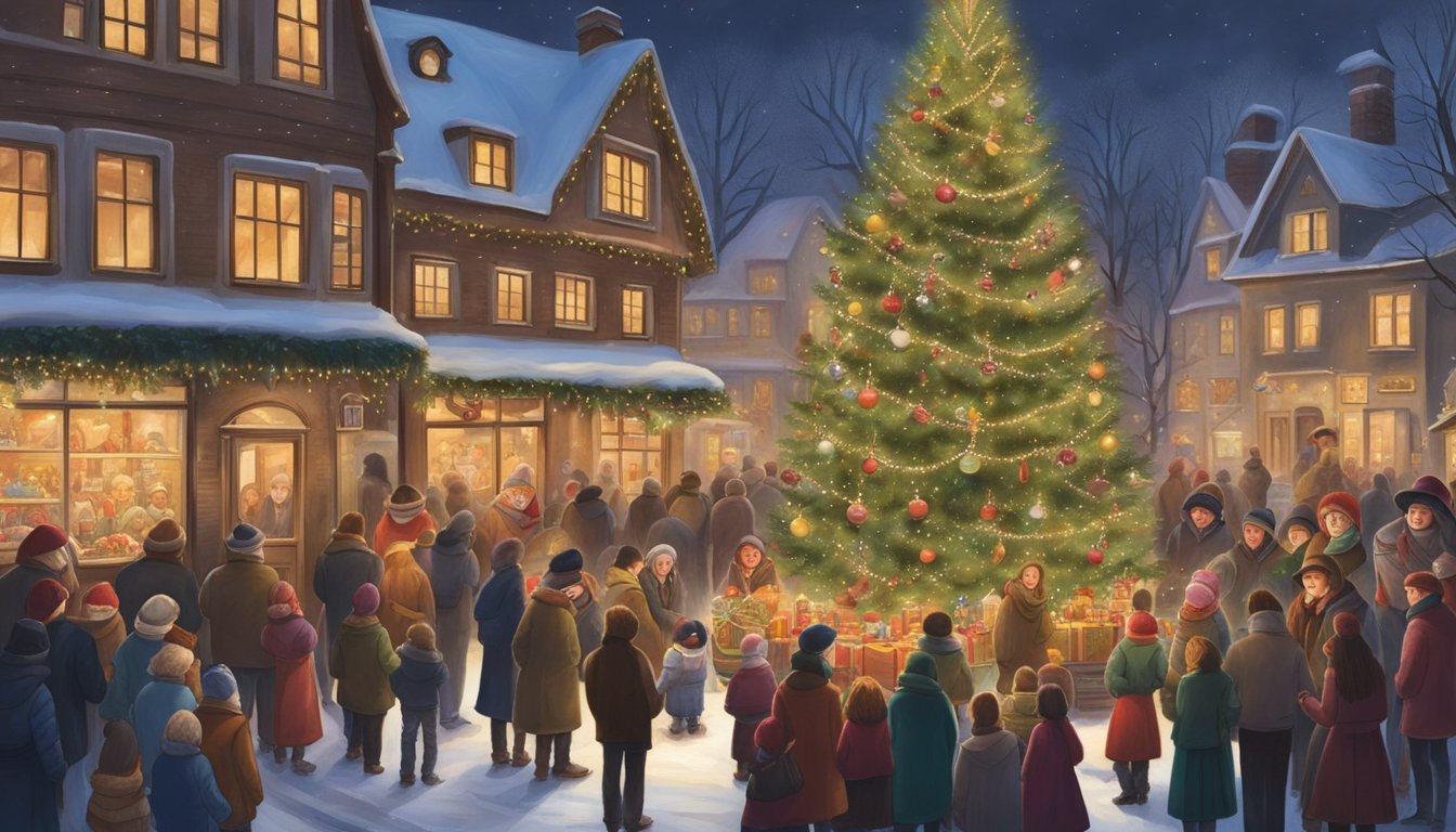 Families gather around a festively decorated Christmas tree, exchanging gifts and enjoying traditional German holiday treats. The air is filled with the sounds of carolers and the scent of mulled wine and gingerbread