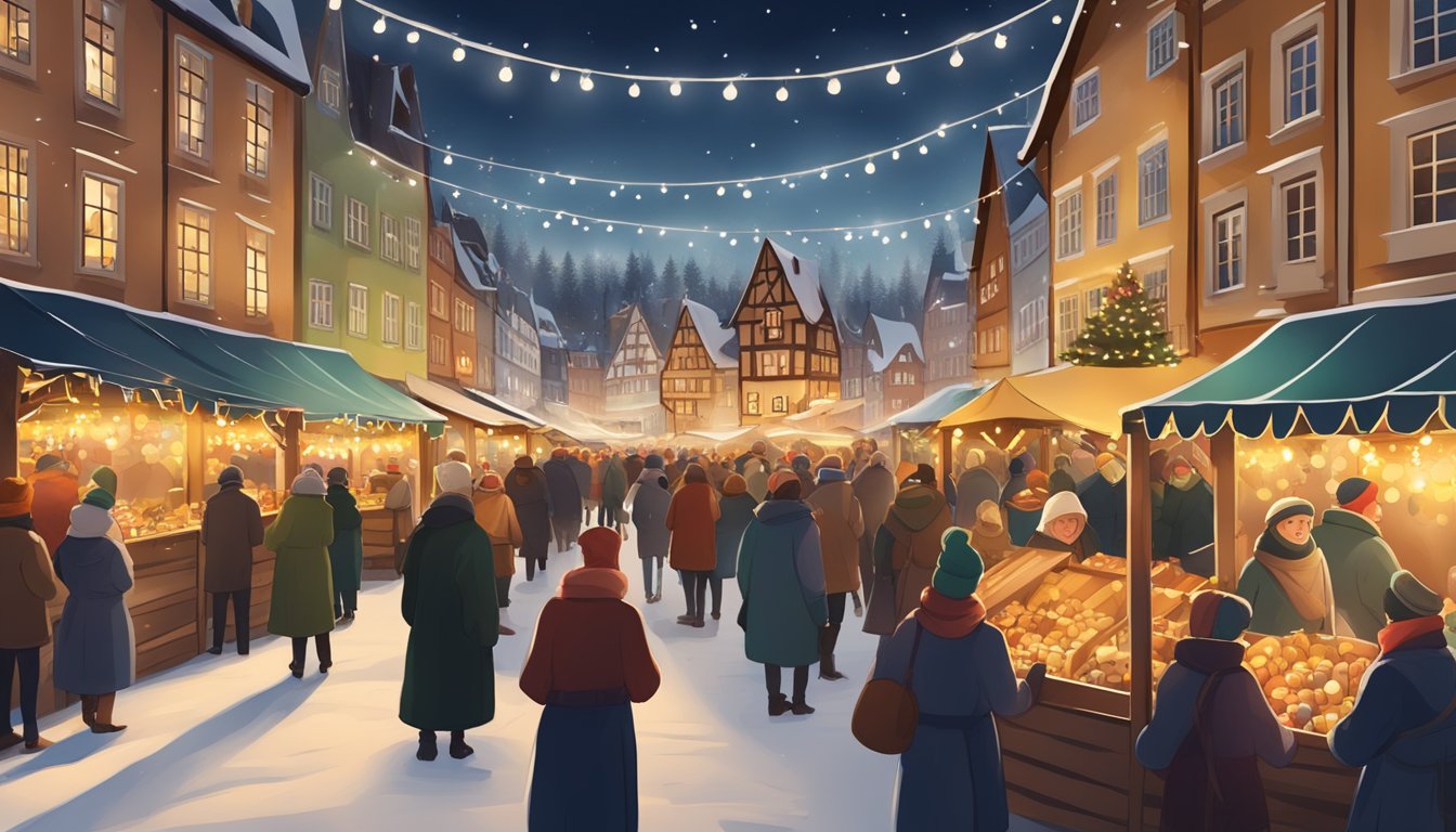 A festive Christmas market in Germany with traditional wooden stalls, twinkling lights, and joyful carolers