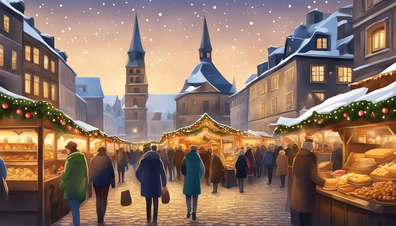 A festive Christmas market in Germany with traditional culinary delights and decorated stalls