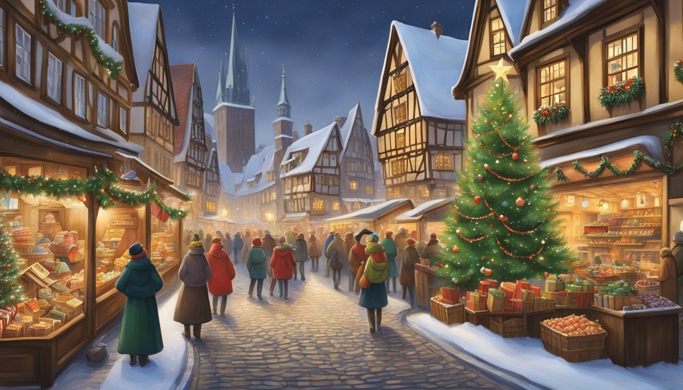 Festive market stalls line cobblestone streets. Snow-covered timbered houses and a towering Christmas tree adorn the town square. Traditional German decorations and carolers add to the festive atmosphere