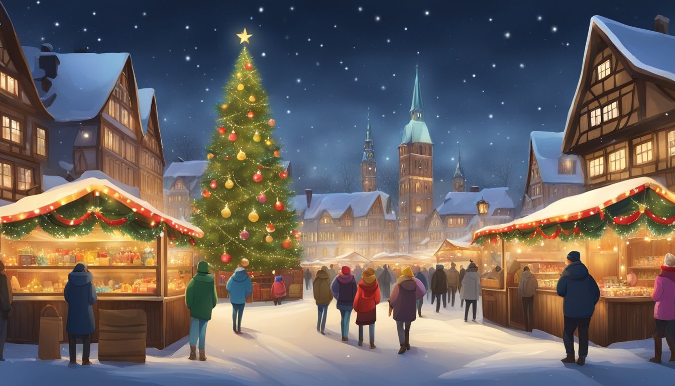 A traditional German Christmas market with colorful wooden stalls, twinkling lights, and a giant Christmas tree adorned with sparkling ornaments. Snow gently falls, creating a festive and magical atmosphere
