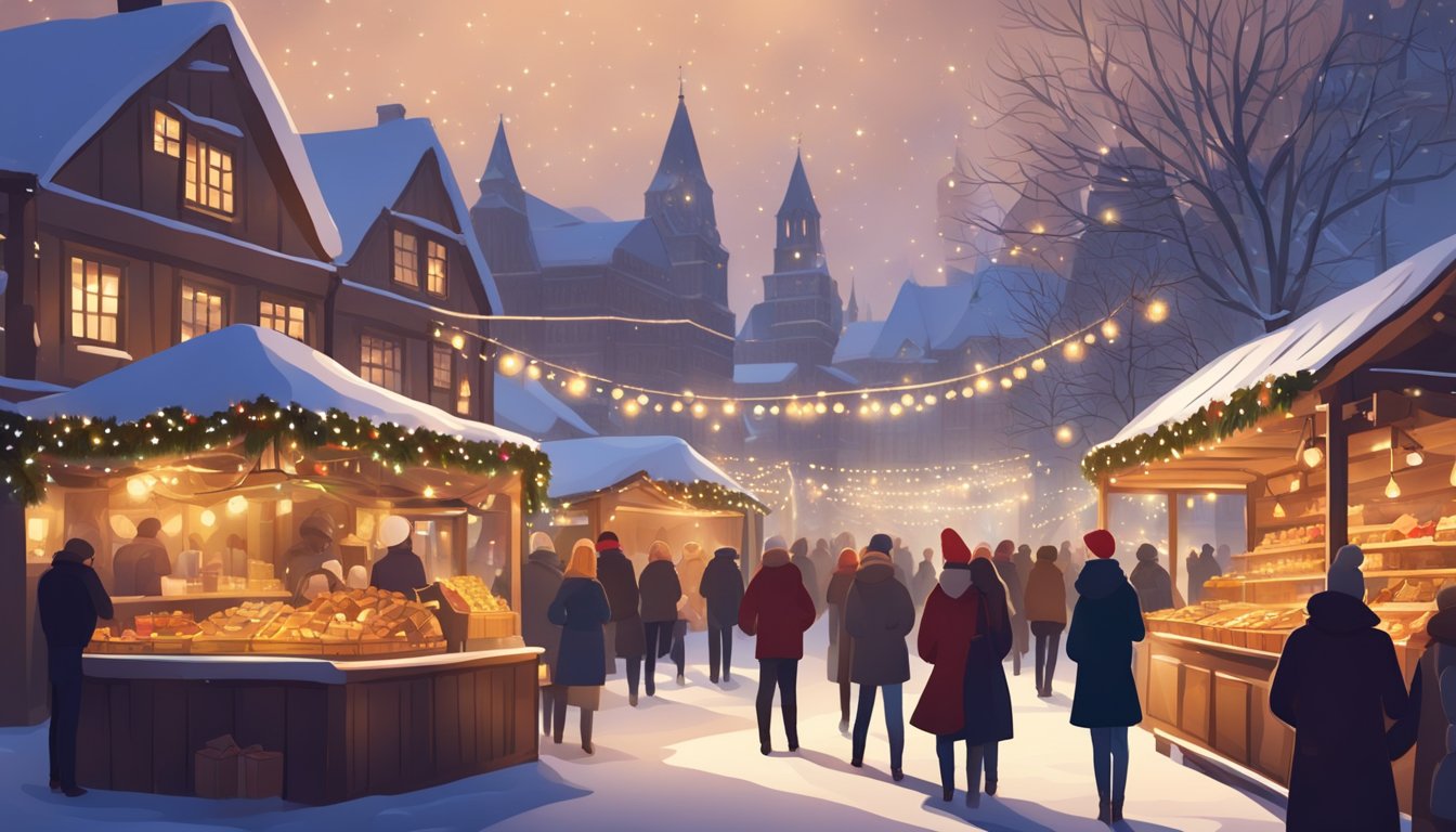 A festive Christmas market with wooden stalls, twinkling lights, and a large decorated tree. Visitors enjoy mulled wine, gingerbread, and traditional crafts