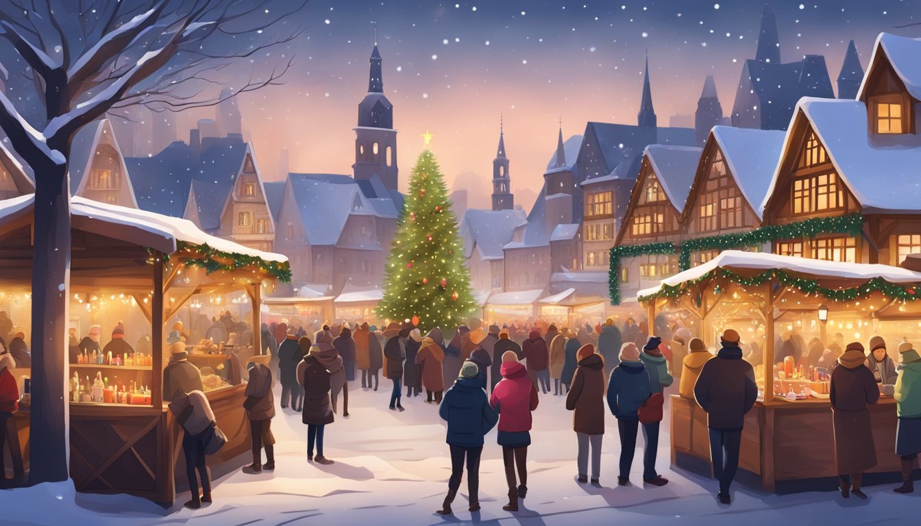 German Christmas market with wooden stalls, twinkling lights, and traditional decorations. People gather around a large Christmas tree, sipping hot mulled wine and enjoying festive music