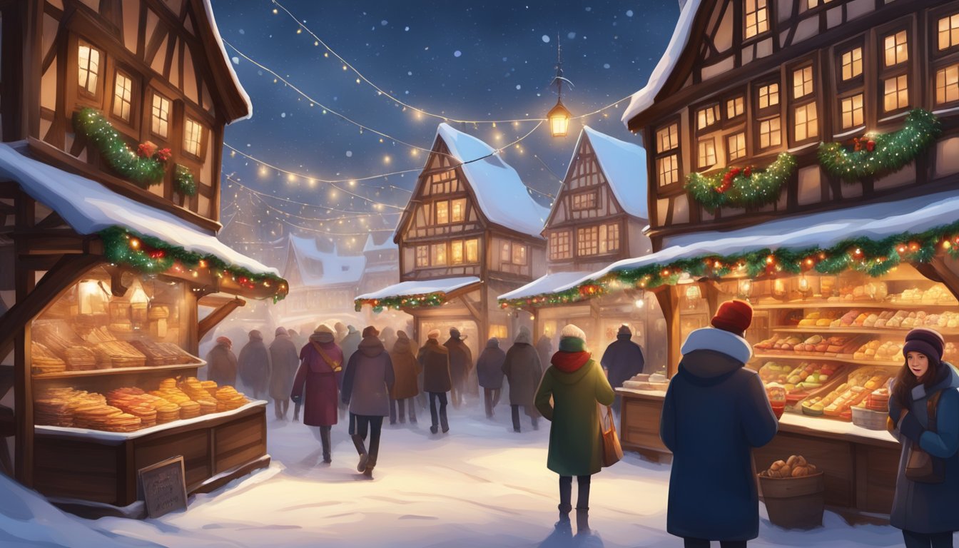 Snow-covered half-timbered houses, twinkling lights, and a festive market with traditional wooden stalls selling handmade ornaments and steaming mugs of mulled wine