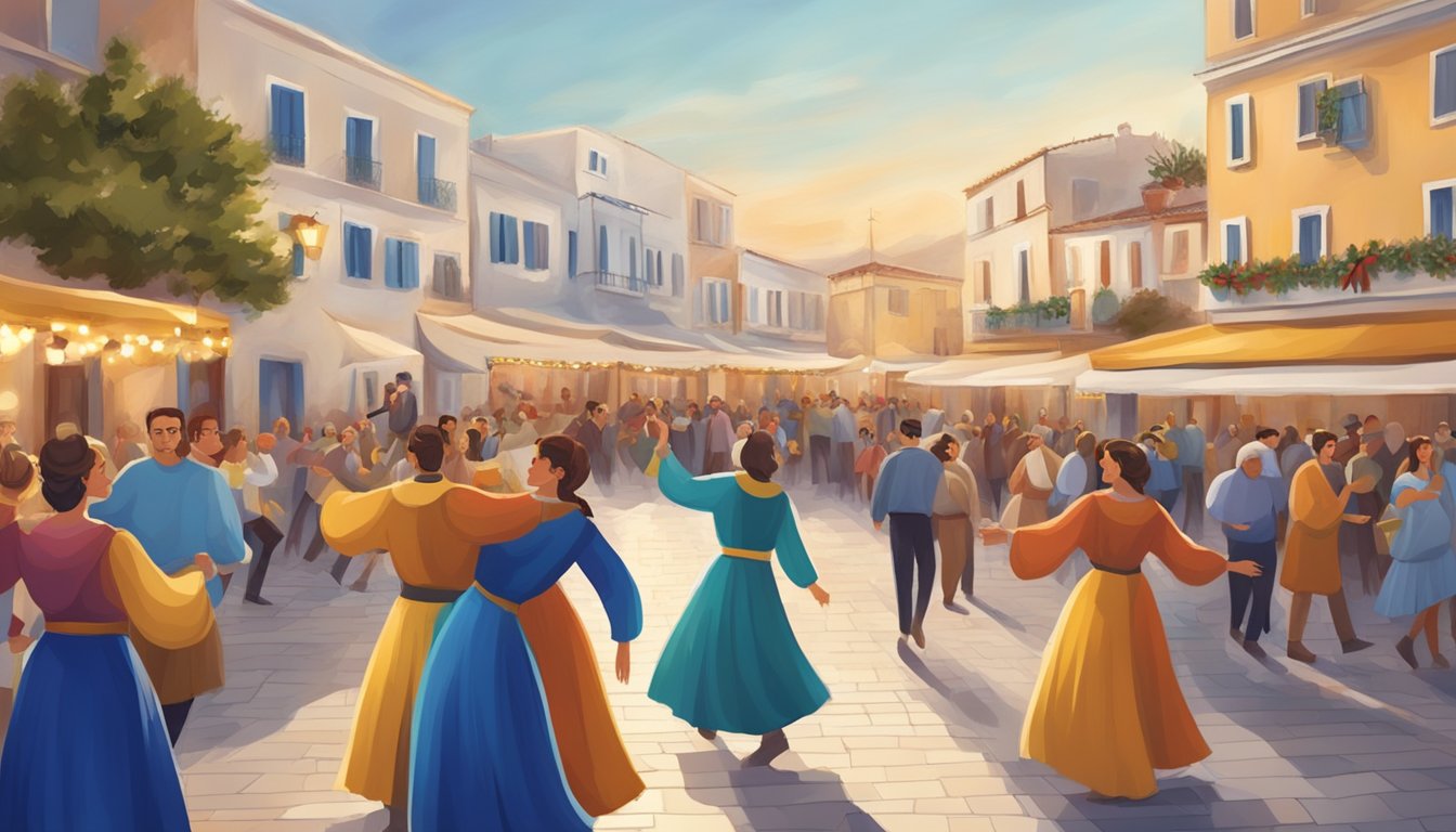 People enjoying Greek Christmas activities and entertainment, such as traditional dances, music, and festive decorations in the town square