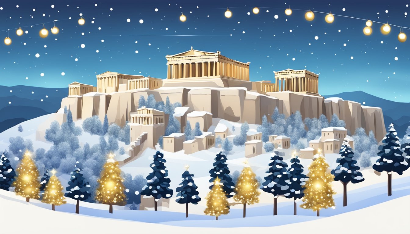 Snow-covered Acropolis, adorned with twinkling lights. Traditional Greek ornaments hang from olive trees. A festive market bustles with locals and tourists