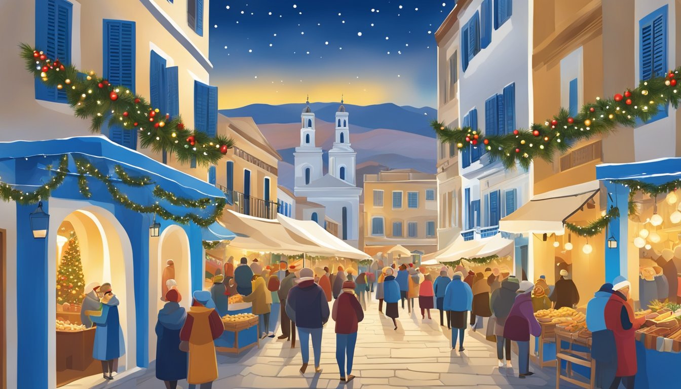 Vibrant Greek Christmas market with festive decorations, traditional foods, and joyful carolers. Iconic blue and white buildings provide a picturesque backdrop