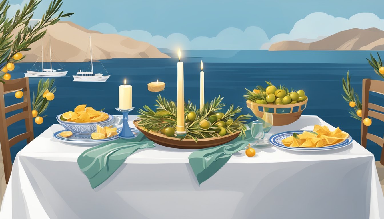 A table adorned with Greek Christmas decorations, including olive branches, candles, and small boats, symbolizing the country's maritime traditions