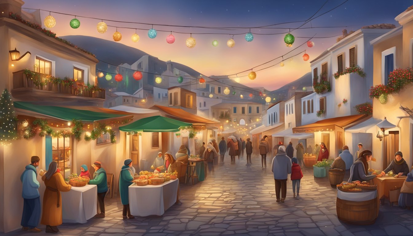 A festive Greek village with decorated houses and streets, people enjoying traditional food and music, and a Christmas market selling handmade crafts and gifts