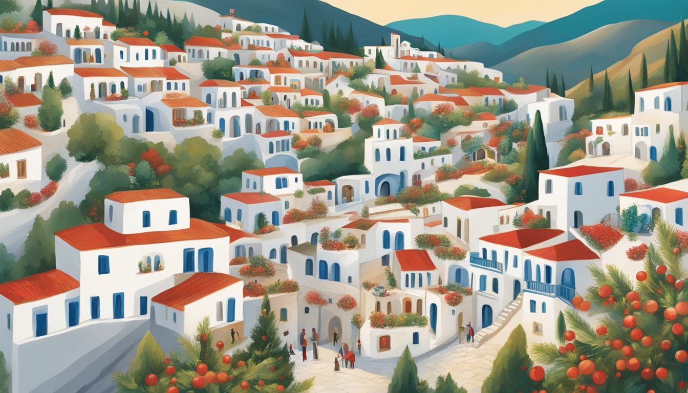 Vibrant Greek village with traditional whitewashed buildings, adorned with festive red and green decorations. Festive music and dancing fill the air as locals gather to celebrate the folklore Christmas traditions