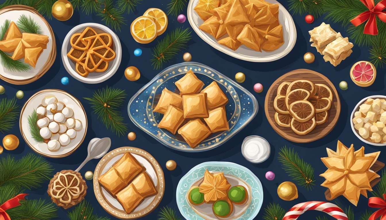 A table adorned with traditional Greek Christmas dishes and sweets, including baklava, kourabiedes, and melomakarona, surrounded by festive decorations and twinkling lights