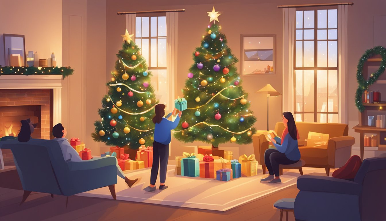 People exchanging wrapped gifts under a decorated Christmas tree in a cozy living room with a warm fireplace