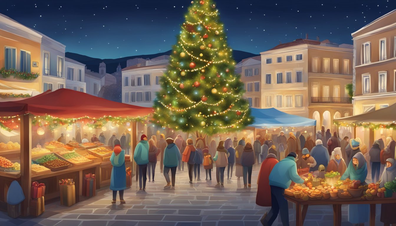 Colorful Greek Christmas market with traditional decorations, music, and food stalls. Families gather around a beautifully adorned tree in the town square