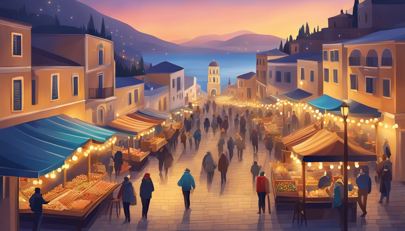 Vibrant Greek Christmas market with colorful lights, traditional music, and festive decorations