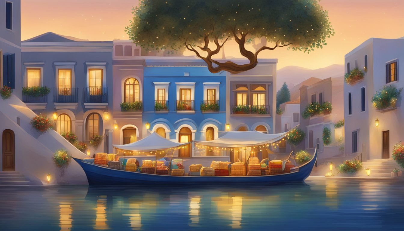 Colorful lights adorn white buildings, while olive trees are decorated with ornaments. A traditional Greek boat is filled with presents, and the scent of baklava fills the air