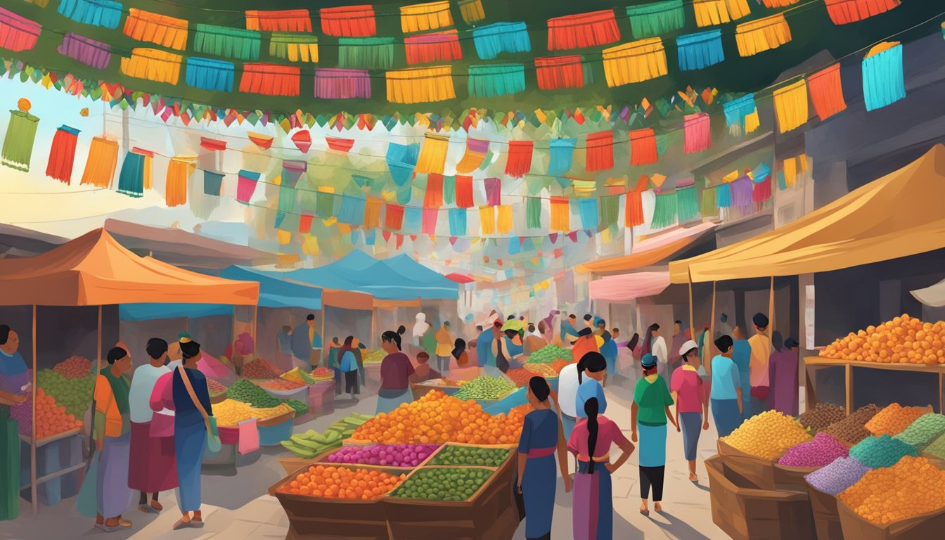 A festive Guatemalan market with colorful decorations, traditional textiles, and vendors selling holiday goods