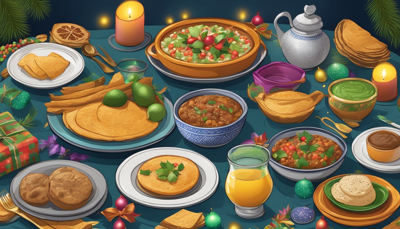 A table set with traditional Guatemalan Christmas dishes, surrounded by festive decorations and twinkling lights