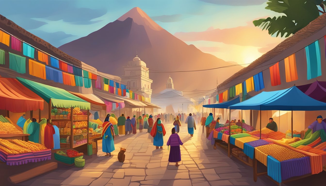 Colorful Guatemalan market with traditional textiles, ornaments, and nativity scenes. Mayan ruins in the background. Brightly lit streets and festive atmosphere