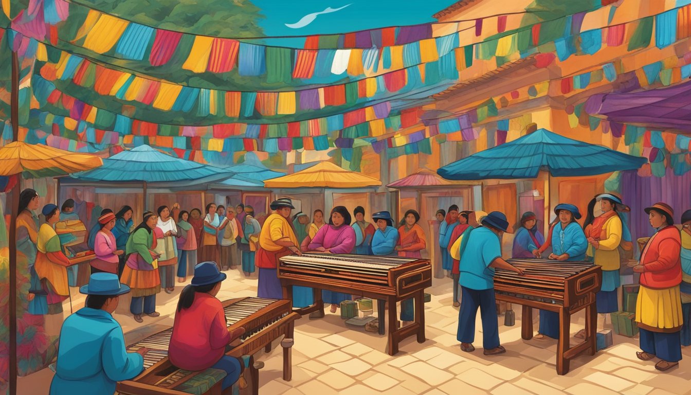 Colorful Guatemalan textiles and traditional Mayan patterns adorn a Christmas market. A marimba band plays lively music as locals and tourists alike enjoy the festive atmosphere