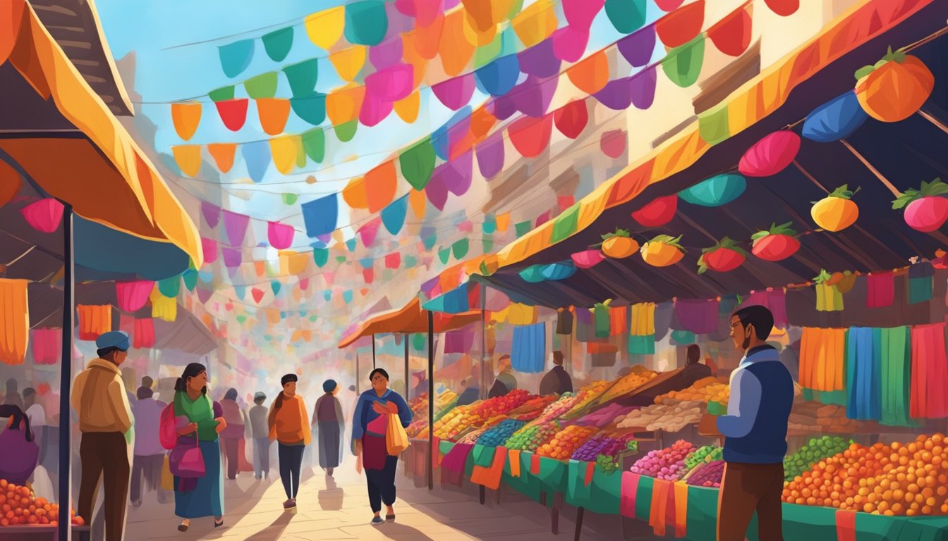 Colorful Guatemalan market with vibrant textiles, traditional ornaments, and festive decorations. Brightly lit streets and bustling crowds celebrating Christmas