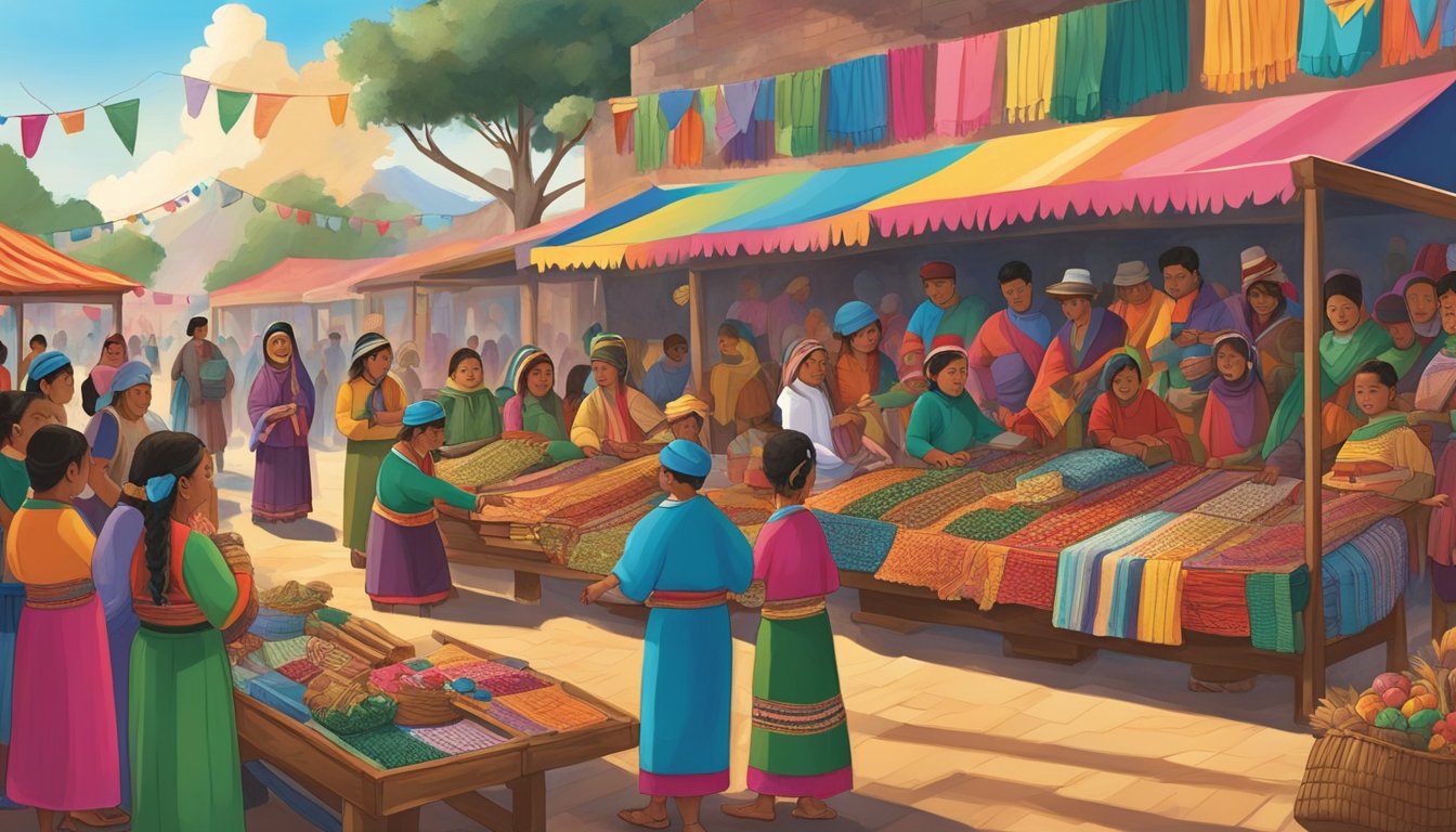 Colorful Guatemalan market with traditional textiles, Mayan symbols, and festive decorations. Families gather around a giant nativity scene, while marimba music fills the air