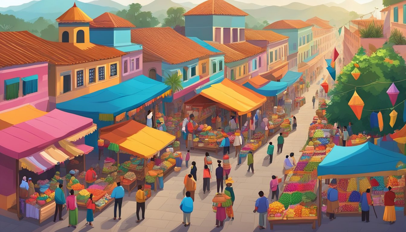 Colorful Guatemalan market with vendors selling handmade ornaments, traditional clothing, and festive decorations. Brightly decorated houses and streets with fireworks and music
