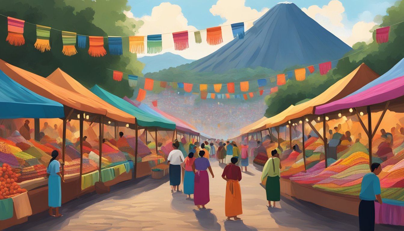 Colorful Guatemalan market, filled with traditional textiles, pottery, and festive decorations. A volcano rises in the background, while locals celebrate with fireworks and music
