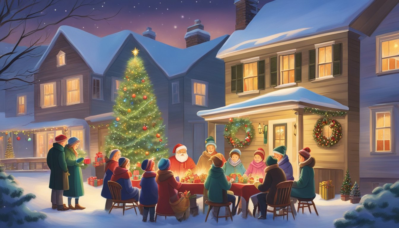 Families gather around a glowing fireplace, exchanging gifts and enjoying a festive meal. Outside, houses are adorned with twinkling lights and colorful decorations, while carolers sing joyful tunes