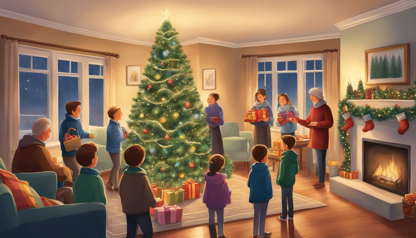 Families gather around a decorated tree, exchanging gifts and sharing a festive meal. Festive lights adorn homes, and carolers sing traditional songs