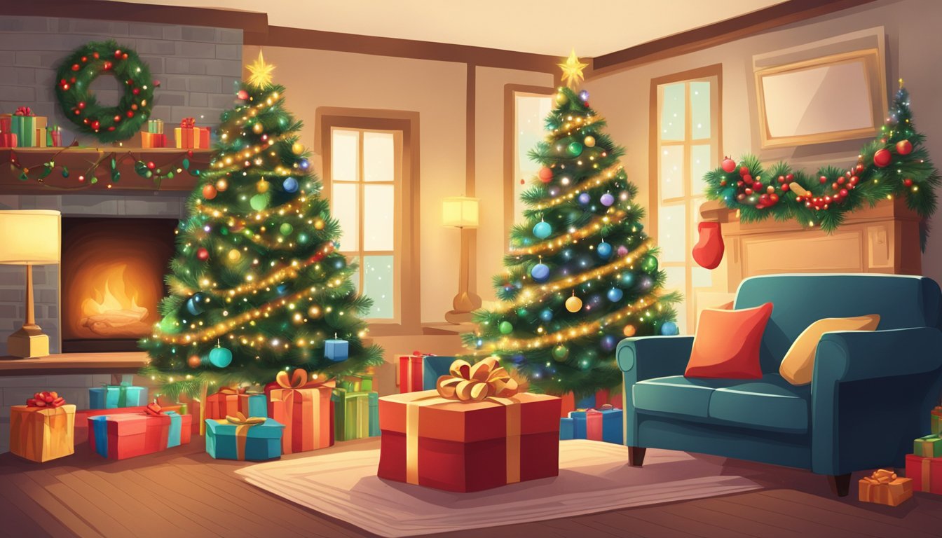 A brightly decorated Christmas tree stands in the center of a cozy living room, surrounded by wrapped presents and twinkling lights. A warm fireplace crackles in the background, creating a festive and inviting atmosphere