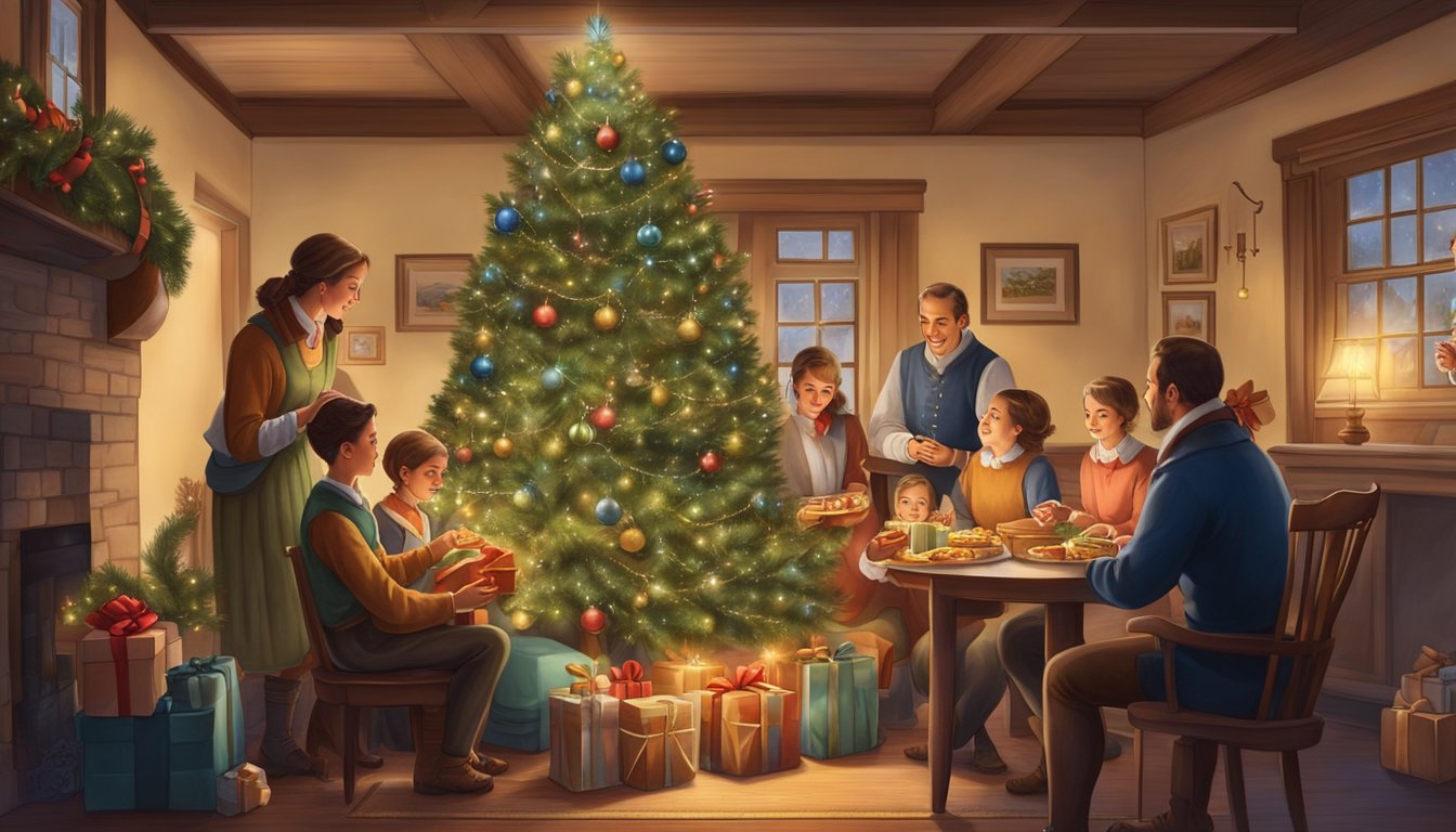 A colonial family gathers around a decorated evergreen tree, exchanging gifts and enjoying a festive meal in their cozy home