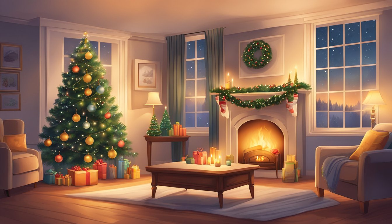 A cozy living room with a decorated Christmas tree, stockings hanging by the fireplace, and a warm glow from twinkling lights
