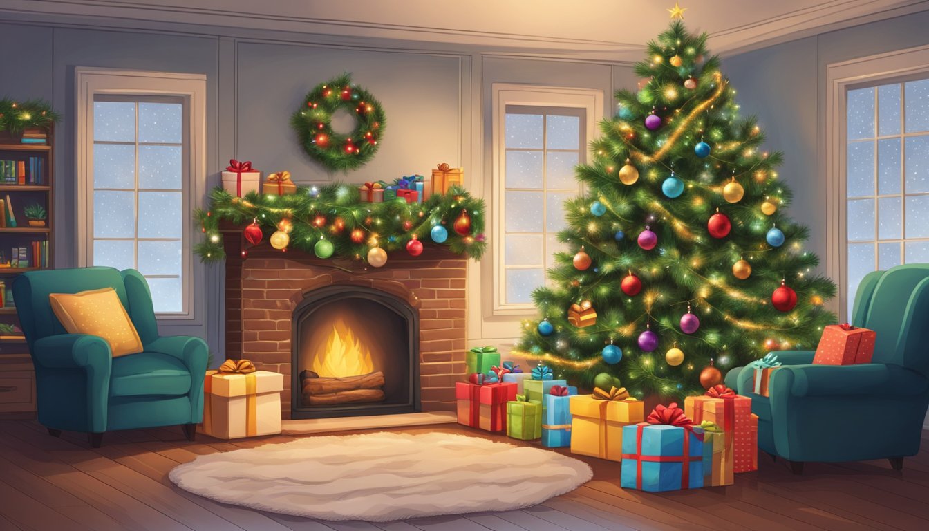 A decorated Christmas tree stands in a cozy living room with presents underneath. A fireplace crackles, and stockings hang from the mantel. Outside, snow falls softly, covering the ground