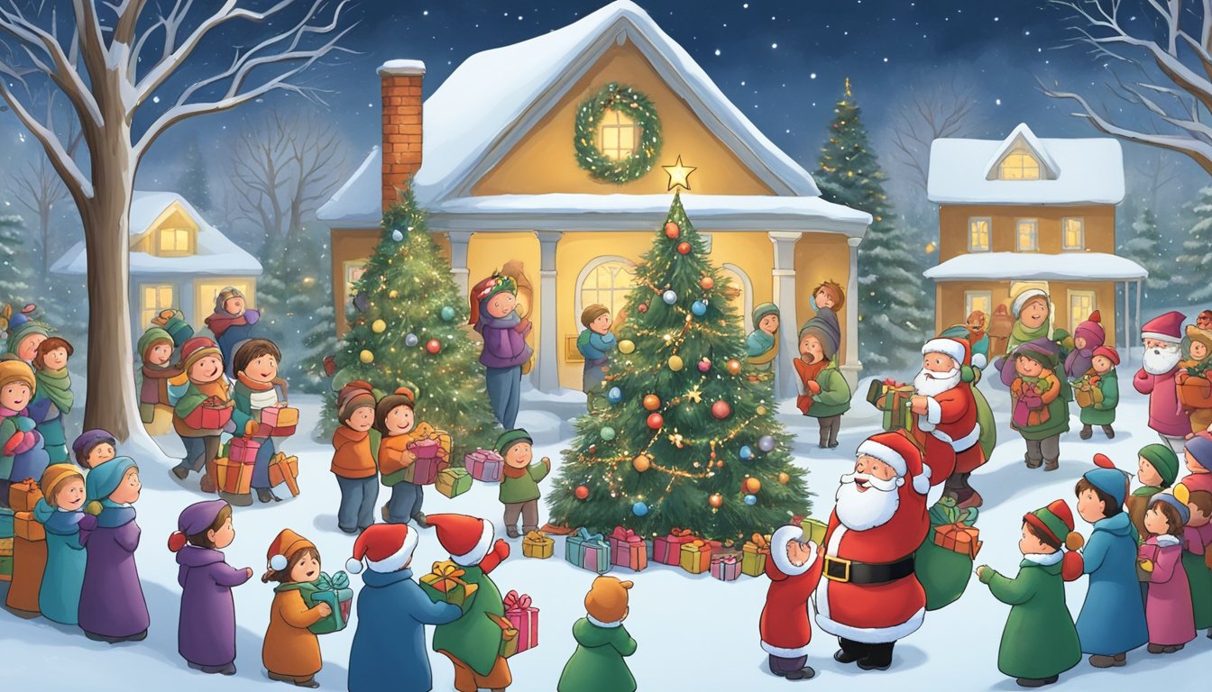 Santa, Rudolph, and Frosty gather around a decorated tree, while carolers sing and children open gifts