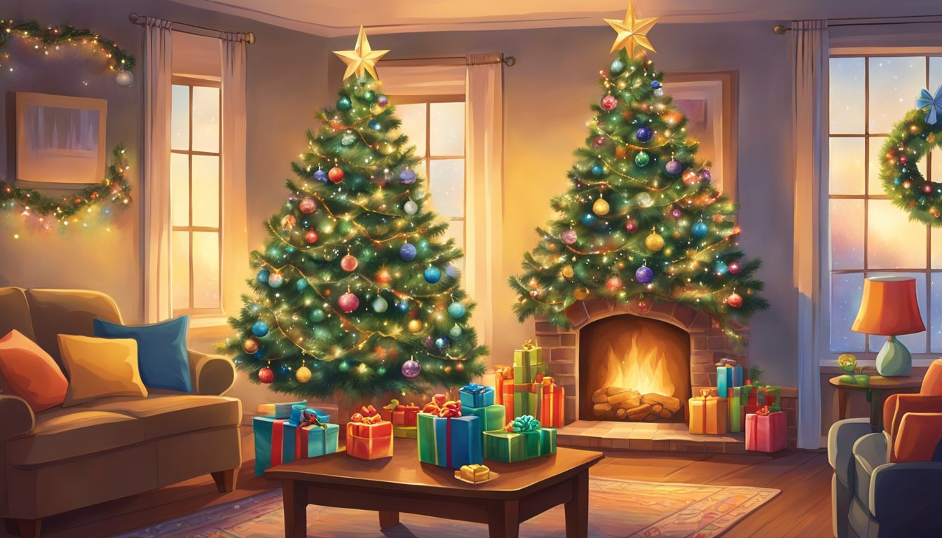 A festively decorated Christmas tree stands in a cozy living room, adorned with colorful lights, ornaments, and a shining star on top. A crackling fireplace adds warmth to the scene, while stockings hang from the mantel