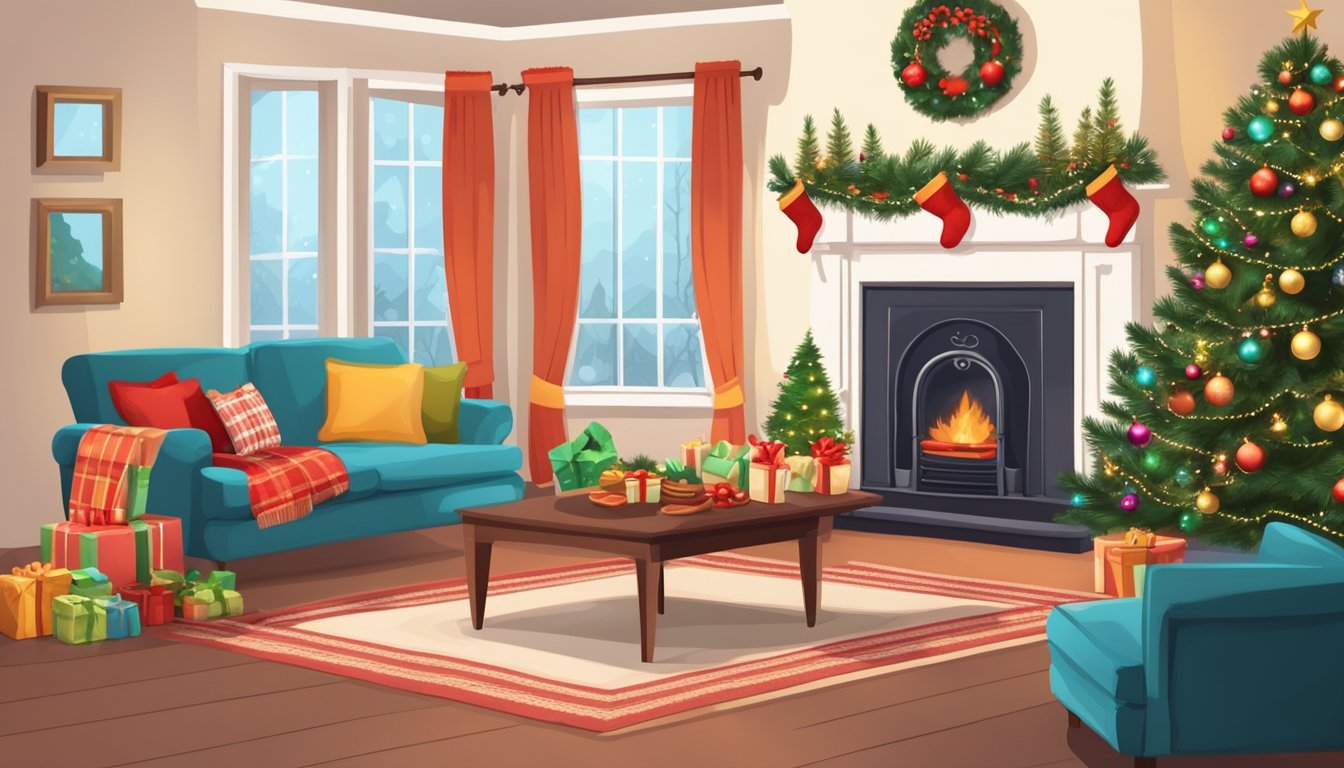 A cozy living room with a decorated Christmas tree, stockings hung by the fireplace, and a table set for a festive meal